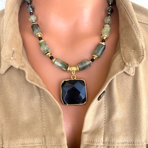 Prehnite Beaded Necklace with Black Agate Pendant