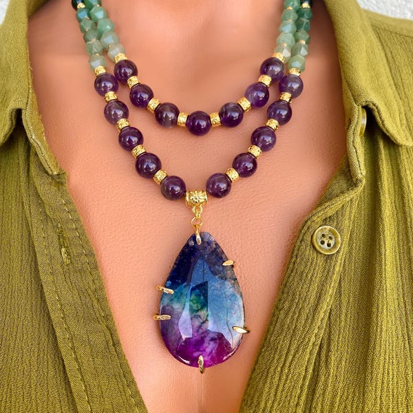 Collar de amatista, ceyt y aventurina en capas con colgante de ágata, collar llamativo colorido, regalos para días especiales, regalo para ella