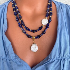 Sodalite Double Strand Necklace with Baroque Pearl Pendant, Blue Gemstone Necklace, Blue Jewelry, Special Day Gifts, Gift for Mom Her