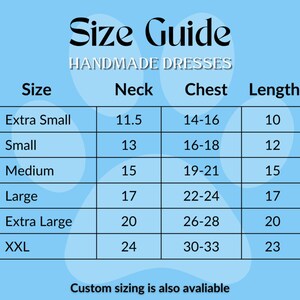 May include: A size guide for handmade dresses, with measurements for neck, chest, and length in inches. Sizes range from extra small to XXL. The guide includes the text "Size Guide" and "HANDMADE DRESSES". Custom sizing is also available.