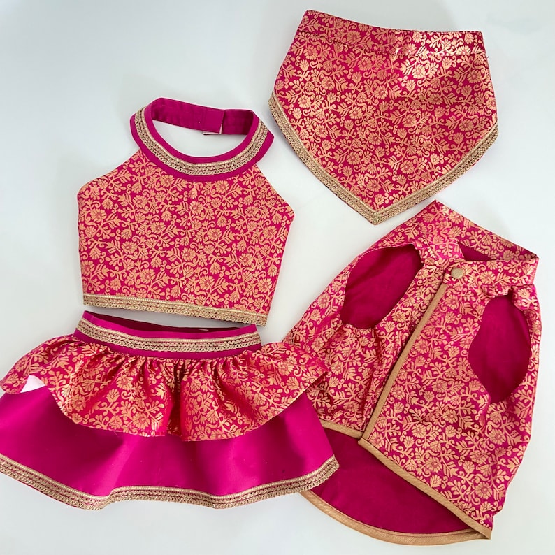 May include: A set of pet apparel in a vibrant fuchsia hue with gold floral patterns. The set includes a halter top, skirt, bandana, and jacket, all trimmed with gold accents. The fabric has a luxurious sheen, suggesting a special occasion outfit for a pet.