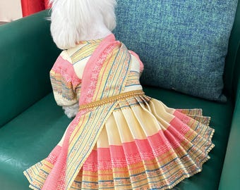 Handcrafted Ethnic Pet Sari | Red, White & Gold Indian Dog Outfit