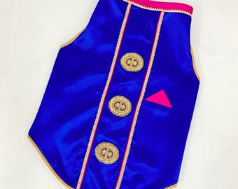 May include: A blue satin dog vest with gold buttons and pink trim. The vest has a small pink triangle patch on the front.