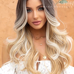 Synthetic Wigs for Women, Long natural Wave Shape, Ombre Dark Brown to Golden Blonde Highligth in the Middle Part on Wig, Heat Resistant