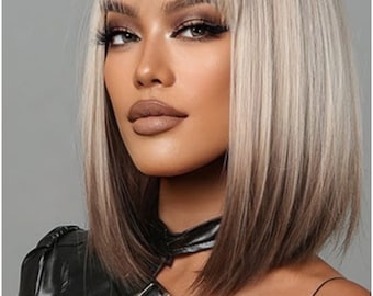 Synthetic Women's Wig | Women's Wigs | Bob Haircut Wig | Short Synthetic Wig With Bangs | Blonde To Brown Ombre | Short Wig