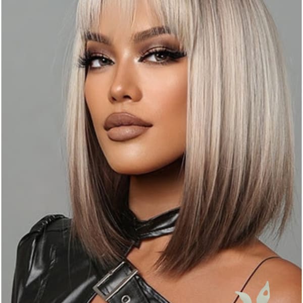 Synthetic Women's Wig | Women's Wigs | Bob Haircut Wig | Short Synthetic Wig With Bangs | Blonde To Brown Ombre | Short Wig