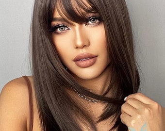 Dark Brown Synthetic Wig with Bangs, Shoulder Length Straight Wig for Women, Cosplay Daily Hair Wig, Heat Resistant Fibre