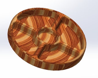 May include: A wooden serving tray with four divided sections. The tray is made of light and dark wood with a striped pattern.