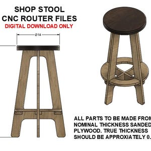Peut inclure: Fichiers de routeur CNC pour tabouret de magasin, téléchargement numérique. Le tabouret a une assise circulaire marron foncé de 35,56 cm de diamètre et mesure 76,2 cm de haut. Le tabouret est en bois brun clair.