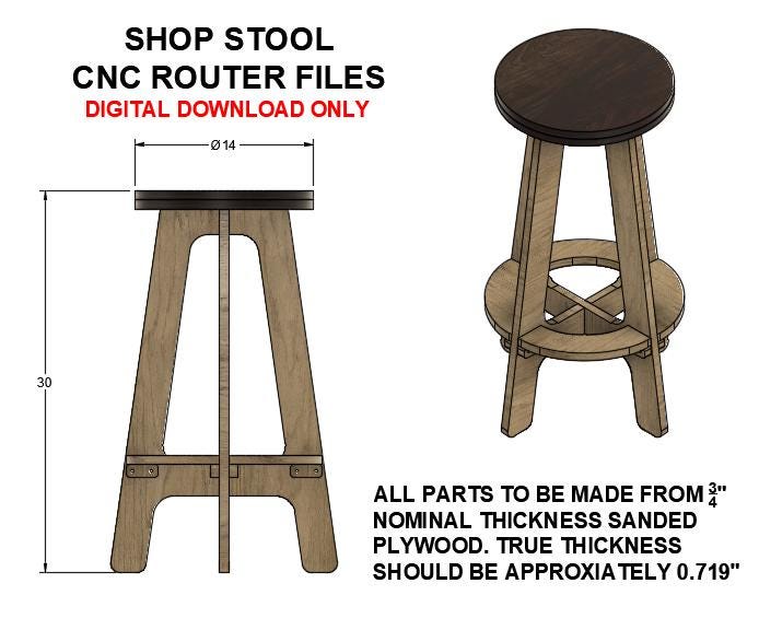 Shop Stool CNC Router Laser Cutter Files Digital Download DXF and STEP