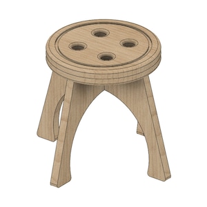 May include: A wooden stool with a round top and four holes. The stool has three legs that are curved at the bottom.
