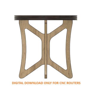 Może przedstawiać: Cyfrowy plik do pobrania z projektem stołu do frezarki CNC z okrągłym blatem i unikalną podstawą w kształcie litery X. Blat stołu jest ciemnobrązowy, a podstawa jest jasnobrązowa.