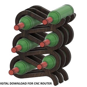 May include: A wooden wine rack with a unique design that holds six bottles of wine. The rack is made of dark brown wood and has a wavy, organic shape. The bottles are green and have red labels.