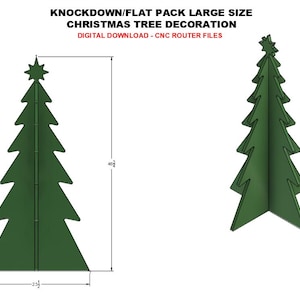 May include: Green Christmas tree decoration, flat pack design. The tree is 117 cm tall and 60 cm wide at the base. The tree has a star on top. Text on the image reads: KNOCKDOWN/FLAT PACK LARGE SIZE CHRISTMAS TREE DECORATION DIGITAL DOWNLOAD - CNC ROUTER FILES.