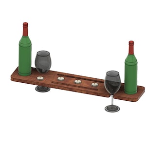 May include: A wooden wine rack with two wine bottles, two wine glasses, and four candle holders. The rack is made of dark wood and has a natural finish. The wine bottles are green glass with red tops. The wine glasses are clear glass with black stems. The candle holders are round and made of metal.