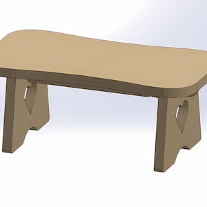 May include: A wooden bench with a curved top and heart-shaped cutouts in the legs. The bench is made of light brown wood and has a natural finish.
