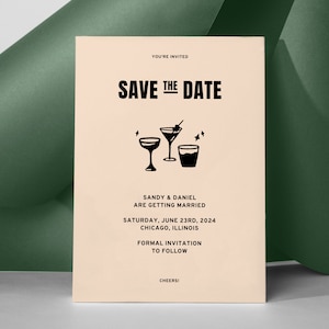 CHEERS DIY salve a data | Modelo totalmente editável | Download digital para papel de carta do dia do casamento | Imprimível | Retro Funky Moderno