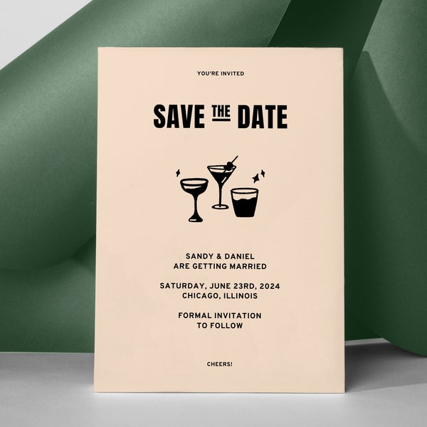 CHEERS DIY Save the Date | Fully Editable Template | Digital Download for Day-Of Wedding Stationary | Printable | Retro Funky Modern