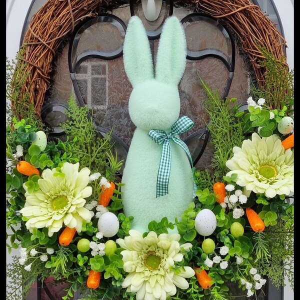 Spring wreath, Easter wreath, bunny wreath, green spring wreath, artificial wreath