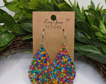 Rainbow Dot Acrylic Teardrop Earrings, Rainbow Confetti Earrings, Multicolor, Summer Earrings, Bright, Rainbow, Colorful