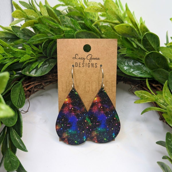 Bright Rainbow Galaxy Acrylic Teardrop Earrings, Celestial Earrings, Bright, Galaxy, Moon, Stars, Night Sky, Solar System, Universe, Cosmic