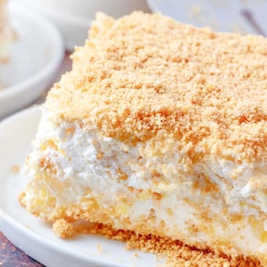 Peut inclure: Un gros plan d'une part de dessert avec une garniture crémeuse blanche et un dessus friable brun doré. Le dessert est sur une assiette blanche.