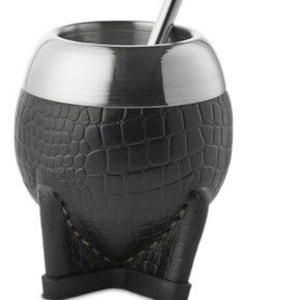 Mate Torpedo Bombilla Pico Acero Inoxidable Adento Anti Hongos Cuero-No hay que Curar-Handmade Argentina, Mate Tea Cup Stainless Steel Croco