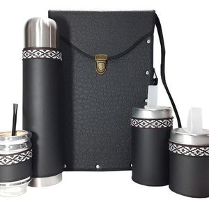 Argentinian Matera Gourd Set Kit Completo Premium Vegan Leather Black Argentina, Set Matero Negro 6 Piezas