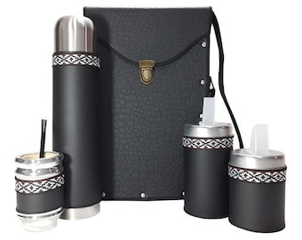 Argentinian Matera Gourd Set Kit Completo Premium Vegan Leather Black Argentina, Set Matero Negro 6 Piezas