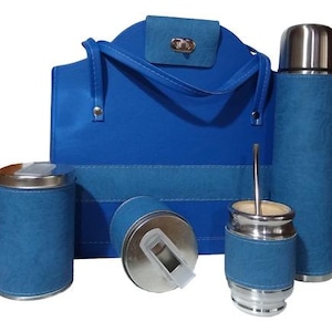 Set Matero Completo Azul y Celeste Termo 1 Litro Acero Bicapa Argentina