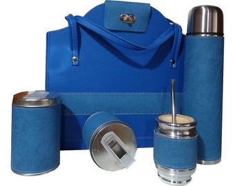 Set Matero Completo Azul y Celeste Termo 1 Litro Acero Bicapa Argentina