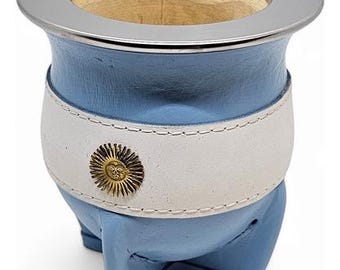 Mate Cup Camionero Argentina Bandera virola acero inoxidable forrado en cuero dije de sol en bronce