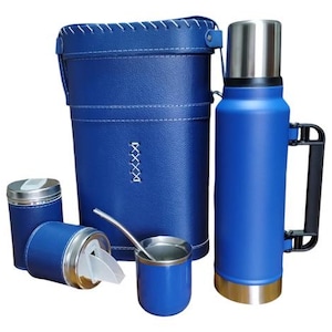 May include: A blue leather thermos set with a matching blue leather carrying case, a blue stainless steel mate cup, a blue stainless steel sugar container, and a silver bombilla straw.