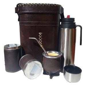 Set Matero Completo Bolso Rígido eco cuero, Termo de 1 Litro Uruguayo Pico Matero, Mate Camionero cuero vacuno, Yerbera, Azucarera+ bombilla