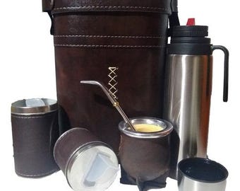 Set Matero Completo Bolso Rígido eco cuero, Termo de 1 Litro Uruguayo Pico Matero, Mate Camionero cuero vacuno, Yerbera, Azucarera+ bombilla