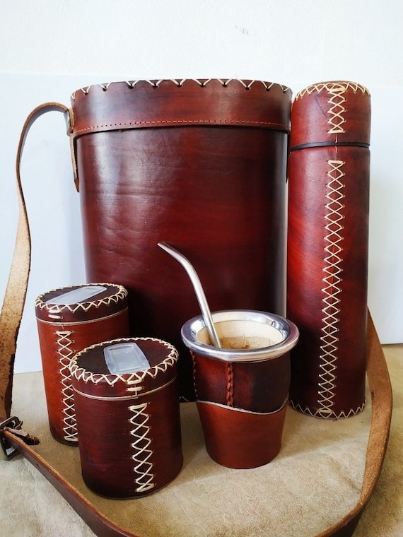 Argentinian Leather Mate Set: Gourd Cup, Thermos, Bombilla, Matera