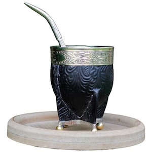 Argentinian Mate Imperial Cuero Repujado, Base Bolitas Bronce Y Bombilla Argentina