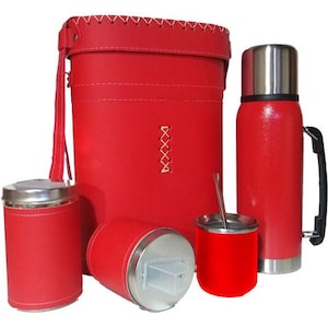 May include: Red leather thermos set with a carrying case, a thermos, a mate cup, and a bombilla straw.