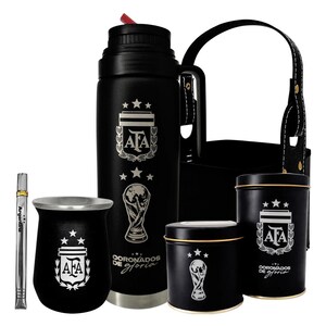 May include: A black mate set featuring a thermos, a gourd, two canisters, and a bombilla. Each item displays the AFA logo, a World Cup trophy graphic, and the text "CORONADOS DE GLORIA". A black leather carrier with a handle is included.