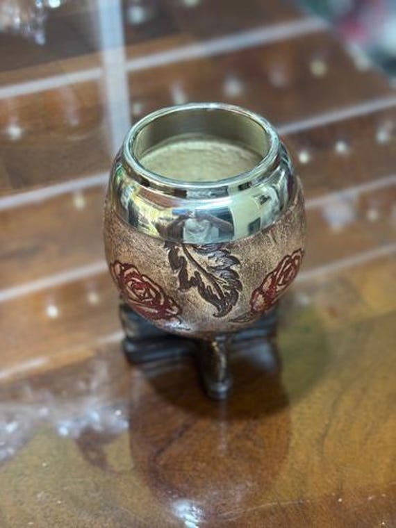Argentinian Mate Cup: Torpedo Alpaca Leather With Rose Design