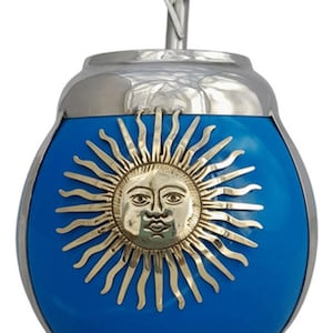 Argentinian Mate Sol de Mayo Cerámica y Alpaca, Bombilla Alpaca Blue Ceramic Yerba Mate Cup with Alpaca Straw, Mate Gourd , Argentinian Mate