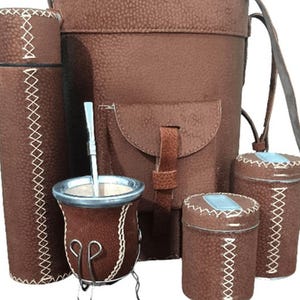 Argentinian Set Equipo De Mate, Kit Completo Cuero de Carpincho 6 Piezas Artesanal Mate Kit, Includes Thermo, Mate Cup, Mate kit Argentina