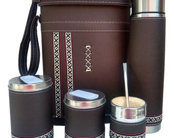 Set Matero Guarda Pampa Equipo, Kit Completo Mate  Premium Faux Leather Handmade -Termo 1 L Acero Inoxidable, stainless steel