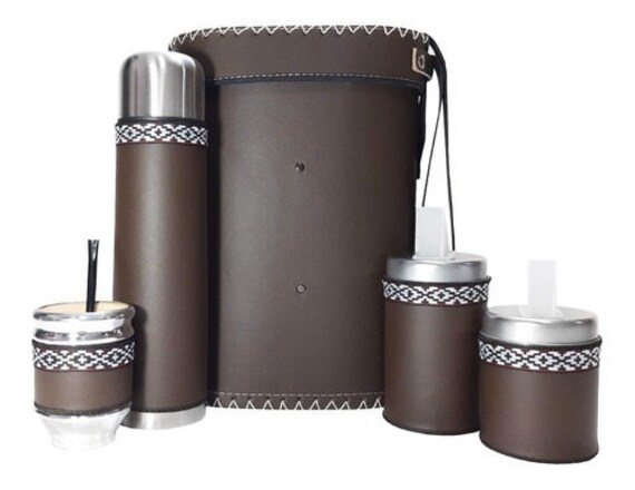 Set Matero Gourd Faux Leather Liso Con Guarda Pampa Color Marron Argentina 5 piece Mate Kit Mate Cup thermo included