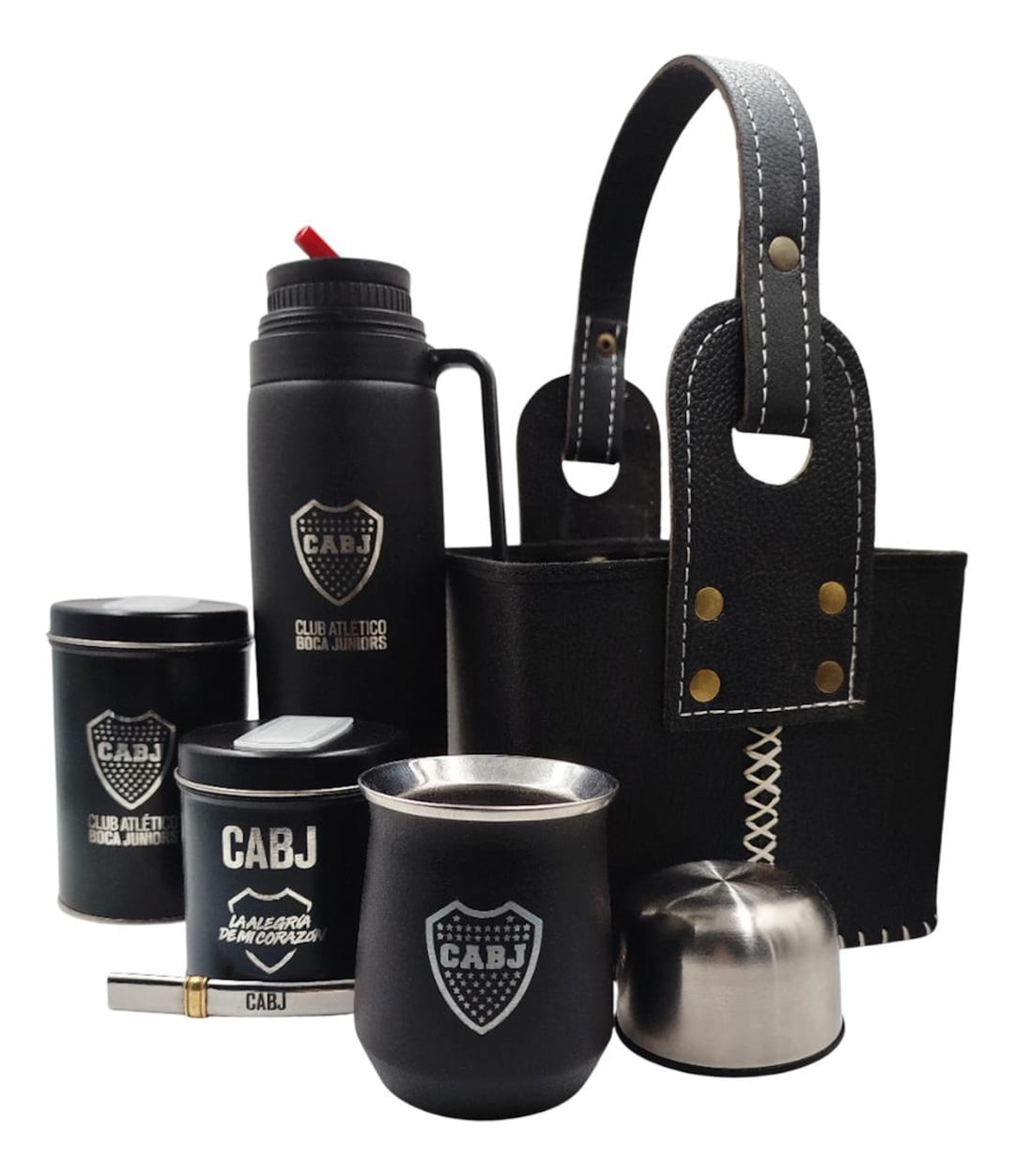 Boca Juniors マテ茶器セット ボンビージャ付き Boca Juniors Mate Set, Stainless Steel Thermos, Yerba Mate Basket