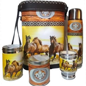 Argentinian Mate Set: Horse Design, Faux Leather Bag, 6 Piece Kit