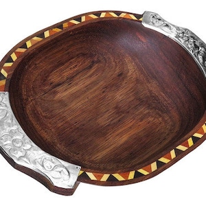 Bandeja De Madera y Detalles de Alpaca Y Marquetería Artesanal Rustico- 30cm -Handmade Argentina