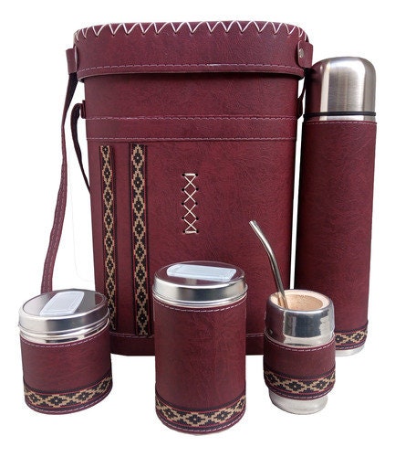 Complete Yerba Mate Kit - Includes Mate Cup, Straw (Bombilla), 1L Thermos,  Leather Bag and a gift (Guarda Pampa Keychain) - Yerba Mate Gourd Set