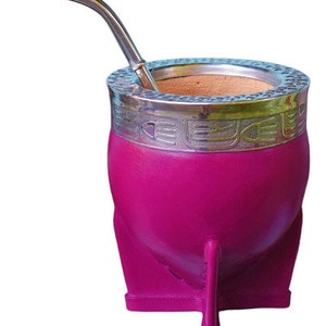 Handmade Fucsia Leather Mate Gourd with German Silver Rim