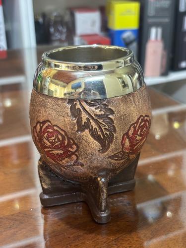 Argentinian Mate Cup: Torpedo Alpaca Leather With Rose Design